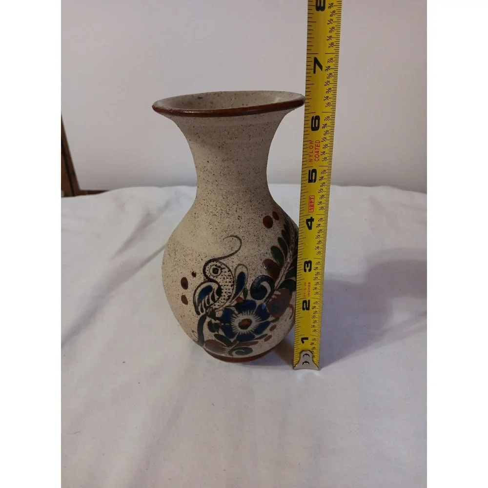 Vtg Sandstone Vase 6 Inch Mexico Hand‎ Painted Blue Bird Floral Art Decor Signed